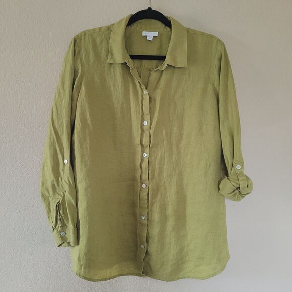 J. Jill Love Linen Women Shirt Size 1x Green Roll Tab Long Sleeve Button Beachy - Picture 1 of 5
